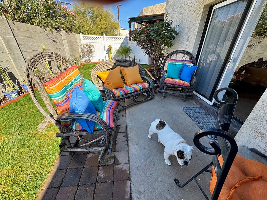 Outside back yard with patio furniture.