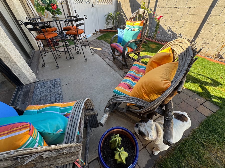 Outside back yard with furniture.