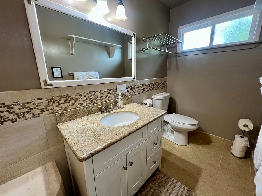Spacious and bright bathroom.