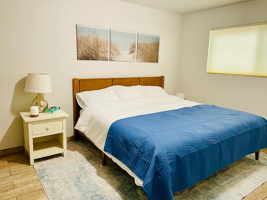The primary bedroom with a new king bed and beddings.