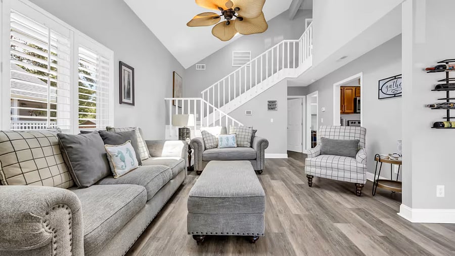 Walk into main level with access to Master Bedroom, Bathroom, Laundry, Master Closet, Living room, and Kitchen.