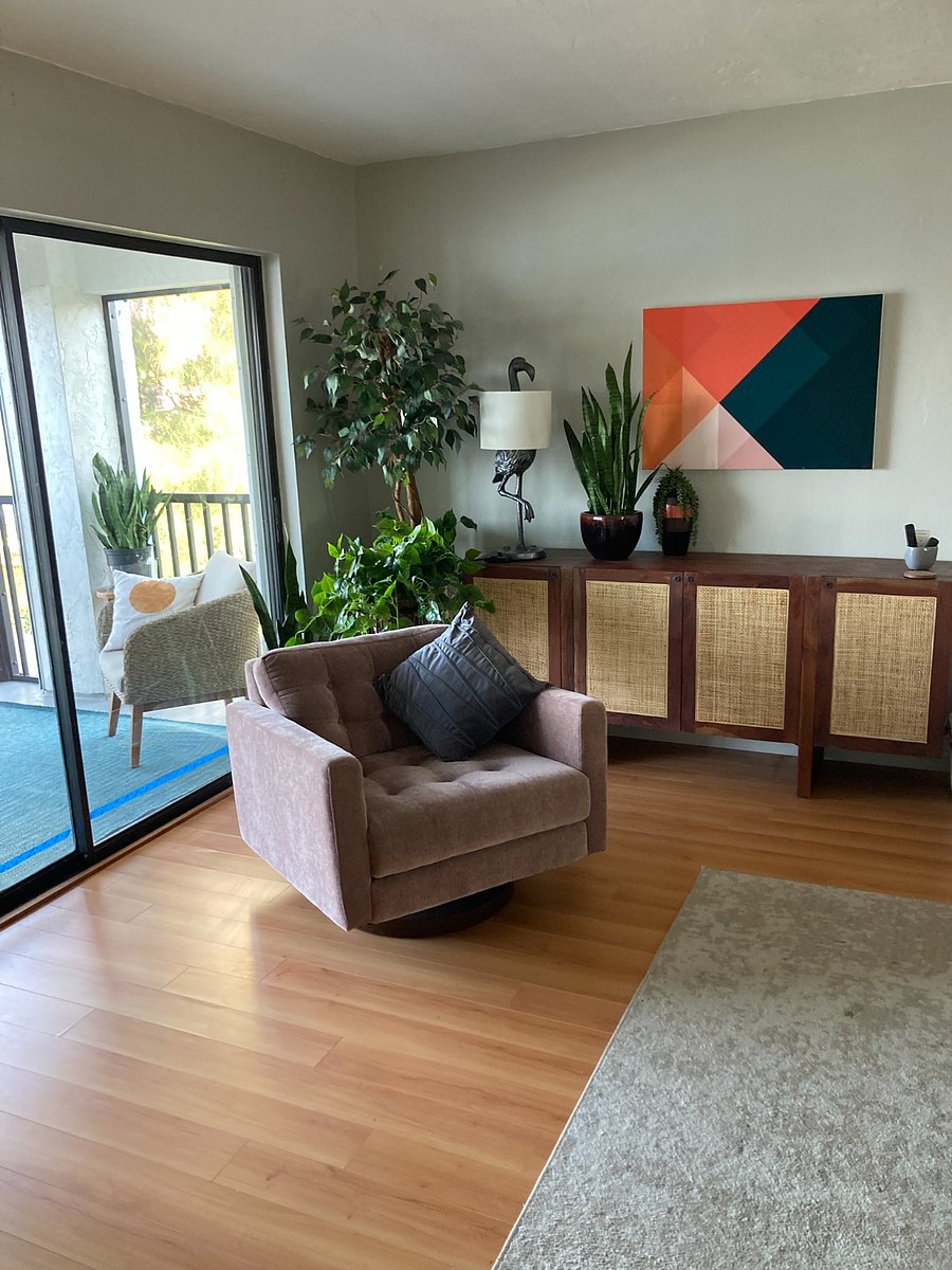 Modern decor with art and plants.