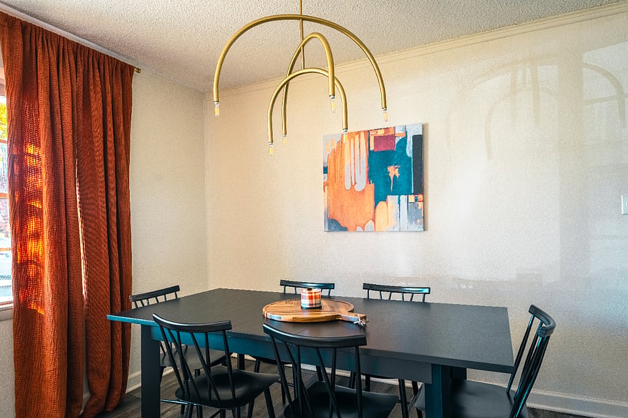 Dining table that seats 6. High chair available for kiddos. 