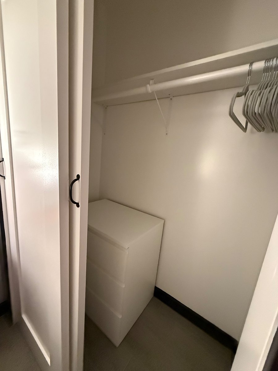 Closet is 5' wide. There's also storage under the bed and the attic is perfect for suitcases.