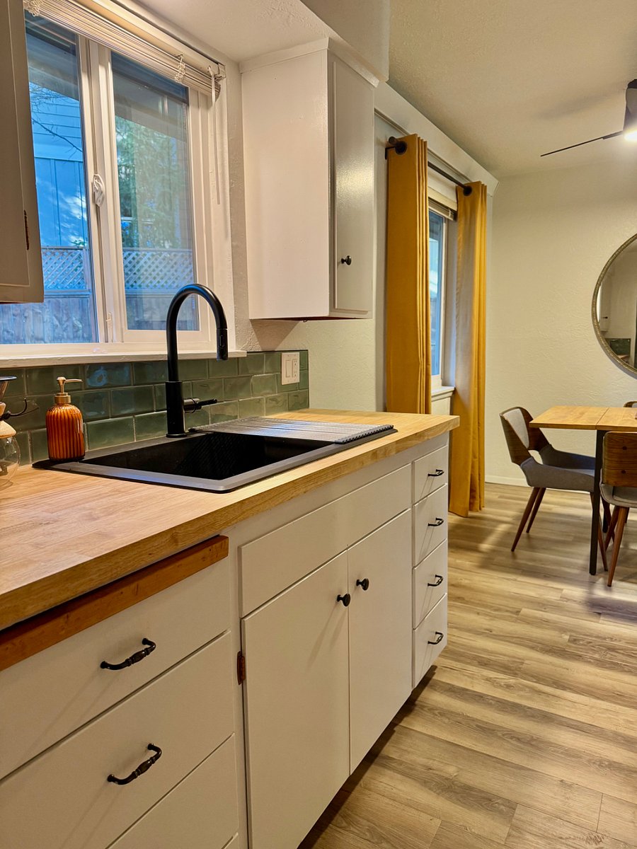 Freshly rehabbed and updated kitchen complete with all the appliances and tools you may need, including a blender, air fryer, and complete coffee setup.
