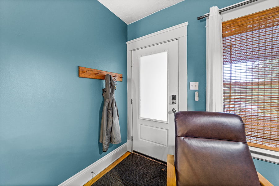 3/4 privacy light entry door with hand made coat rack repurposed from an old stair tread