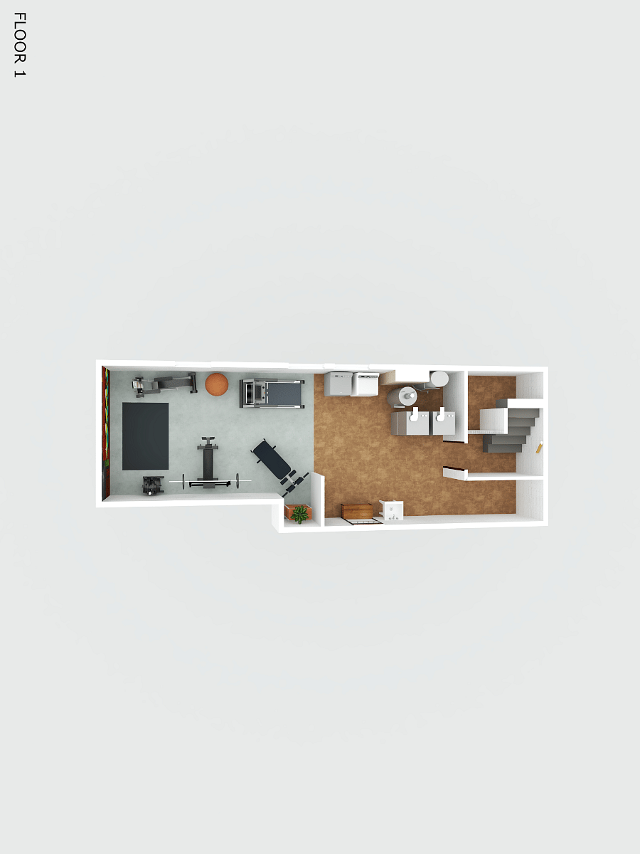 Basement floorplan with gym, laundry machines, mechanical systems, storage and slop sink.