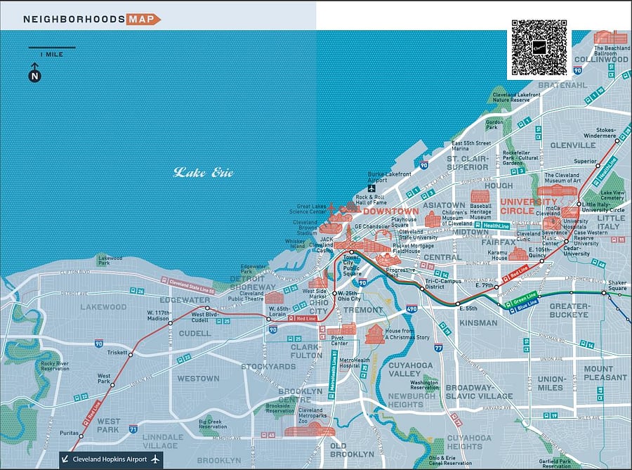 Cleveland neighborhood map with points of interest and RTA rail line path
