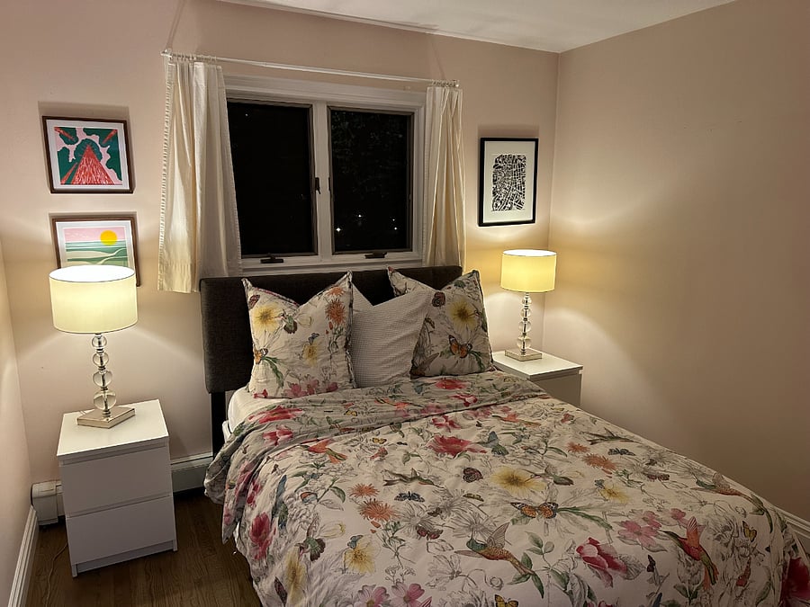 Bedroom #1 has one small closet, one six drawer dresser, two bedside tables. New rug on its way. smoke alarm in bedroom. $1500. for this bedroom.