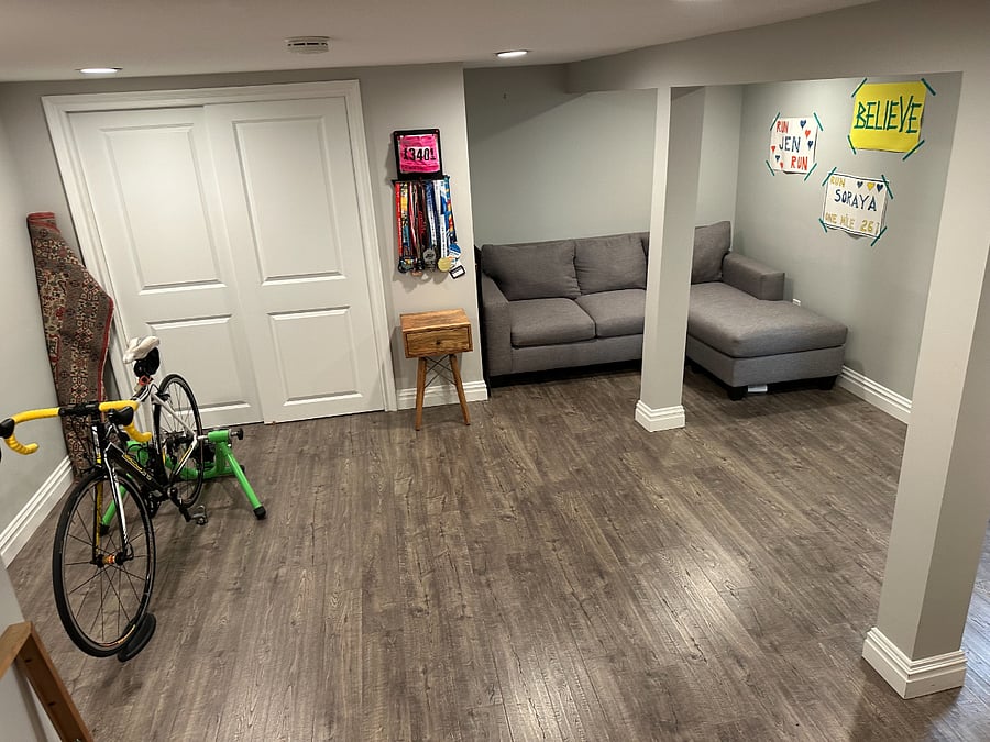 Basement for exercise and storage.