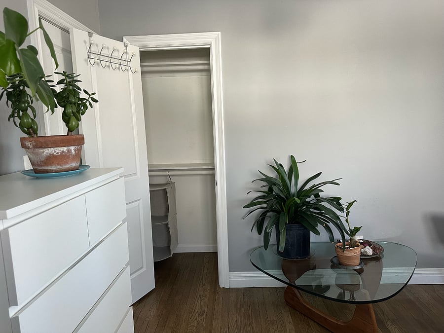 Bedroom #2  has one small closet, one six drawer dresser, two bedside tables. Smoke alarm in bedroom. Sunny, quiet. $1600. for this slightly larger bedroom.