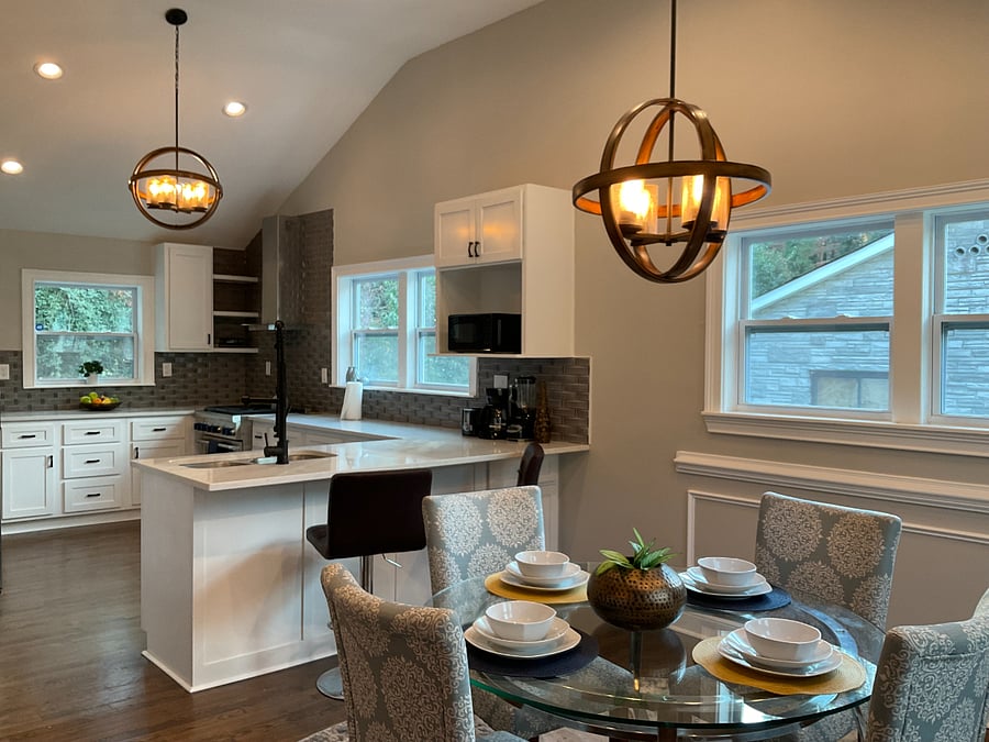 Dining room, breakfast bar and kitchen