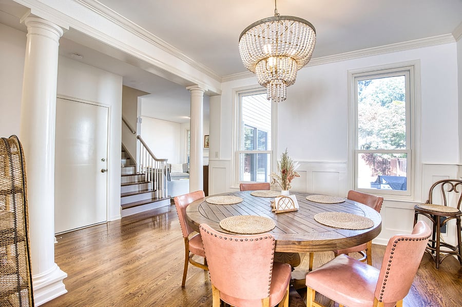 This is the view from the kitchen walking into the dining area towards the living area.