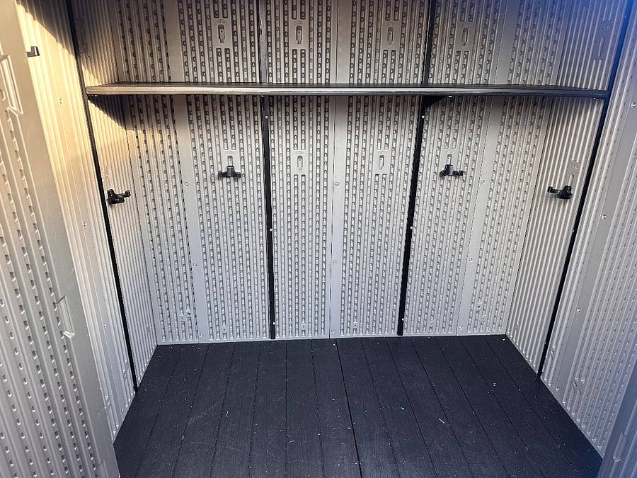 Inside shed with high shelf