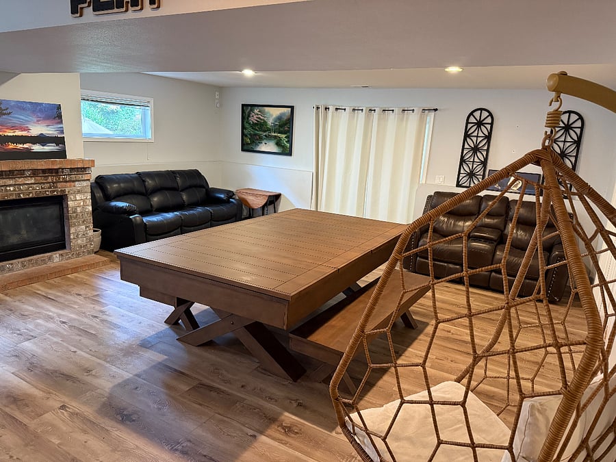 Private space. Table converts to pool table. Both couches recline