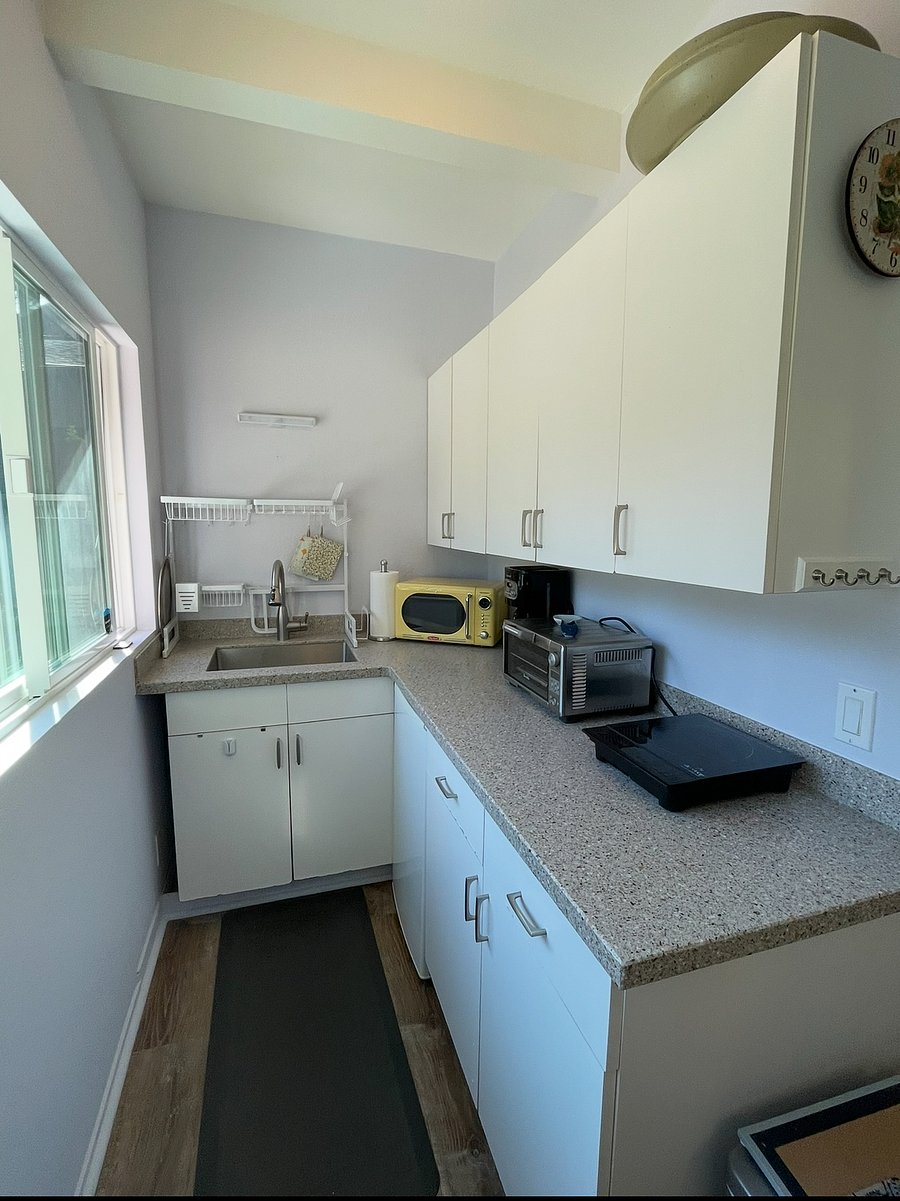 Sink, counter-height fridge, microwave, toaster oven, coffee maker, kettle, induction plate. 