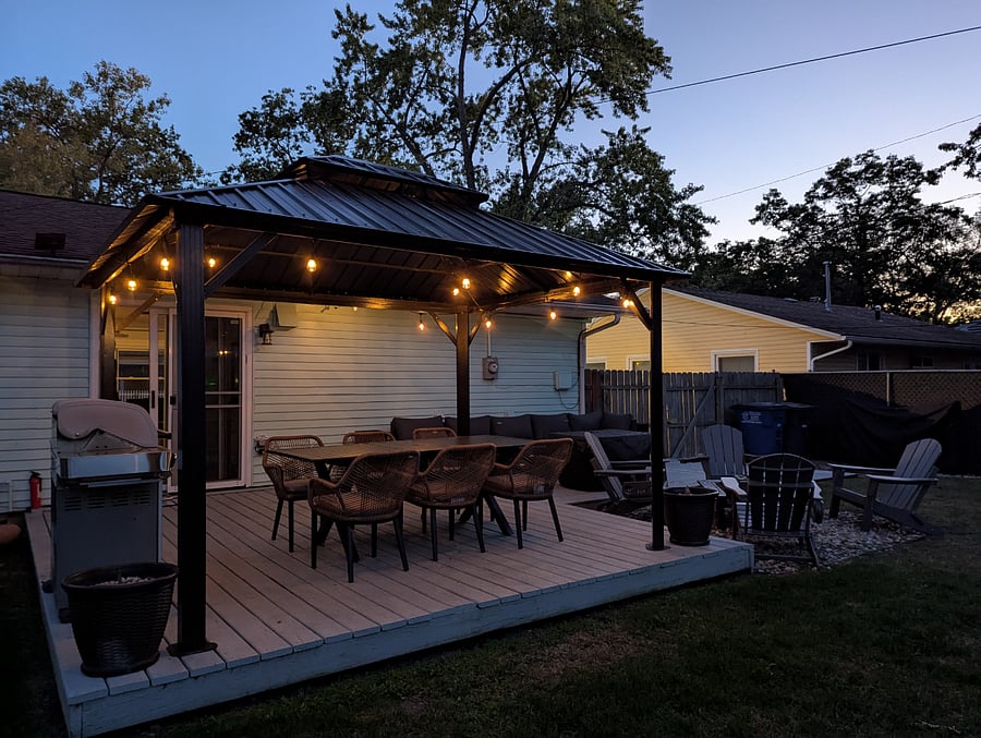 The string lights lite the way, with the fire pits nearby!