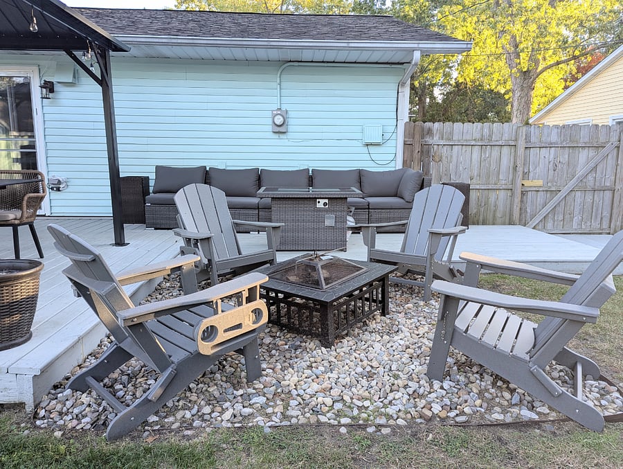 Two fire pit options gas for convenience, wood for classic campfire vibes!