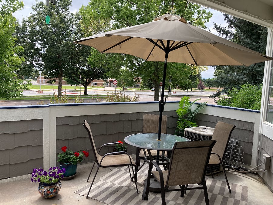 Private patio has mountain views.
