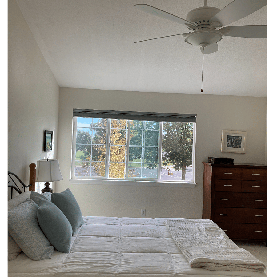 Primary bedroom has a vaulted ceiling and ceiling fan.