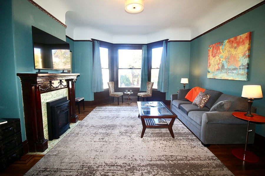 Living room with Queen Sofa Bed and Fireplace