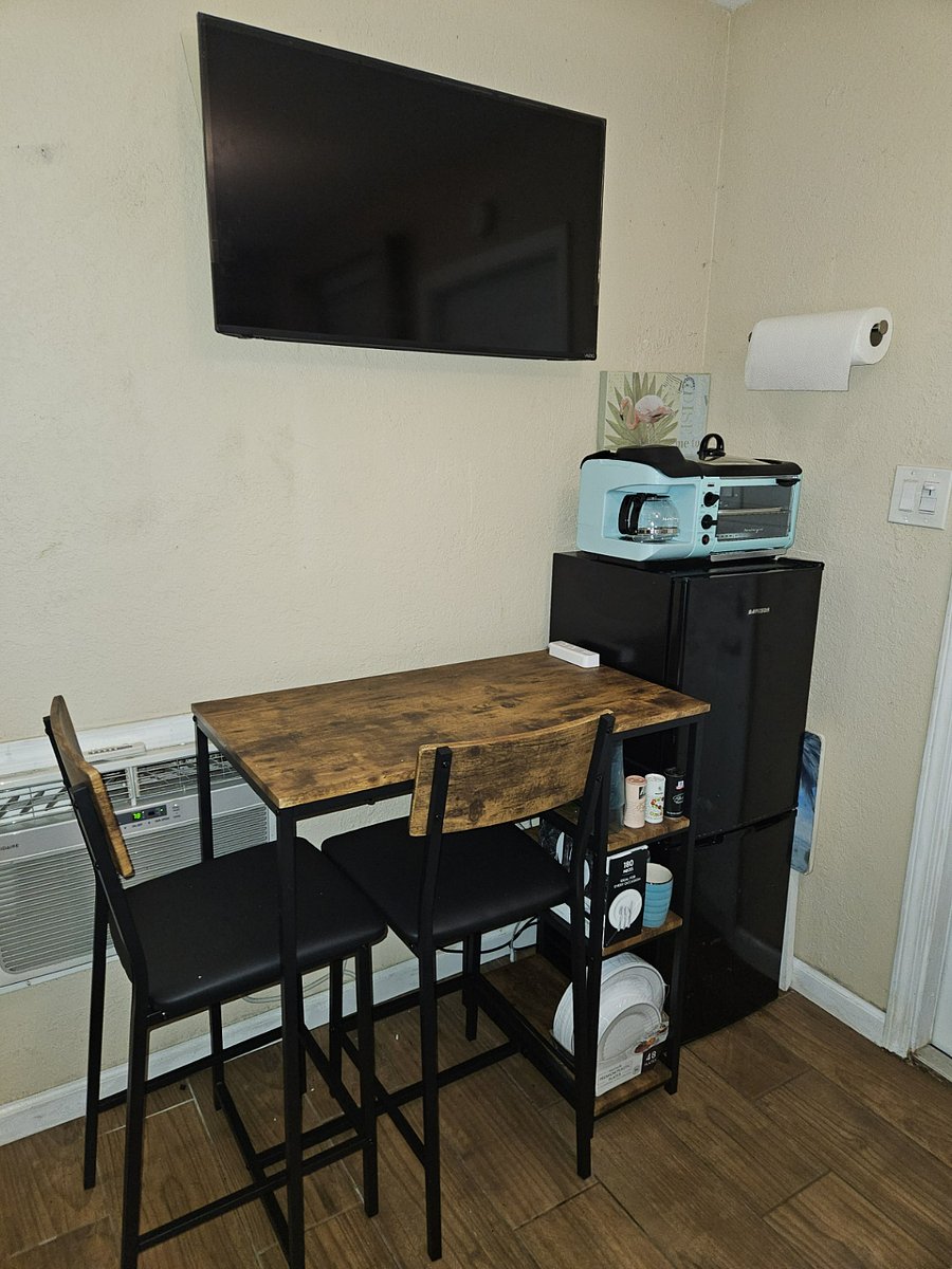 Table/Desk with barstools
Larger than a mini fridge plus freezer
Cook station with coffee maker, toaster oven and grill top