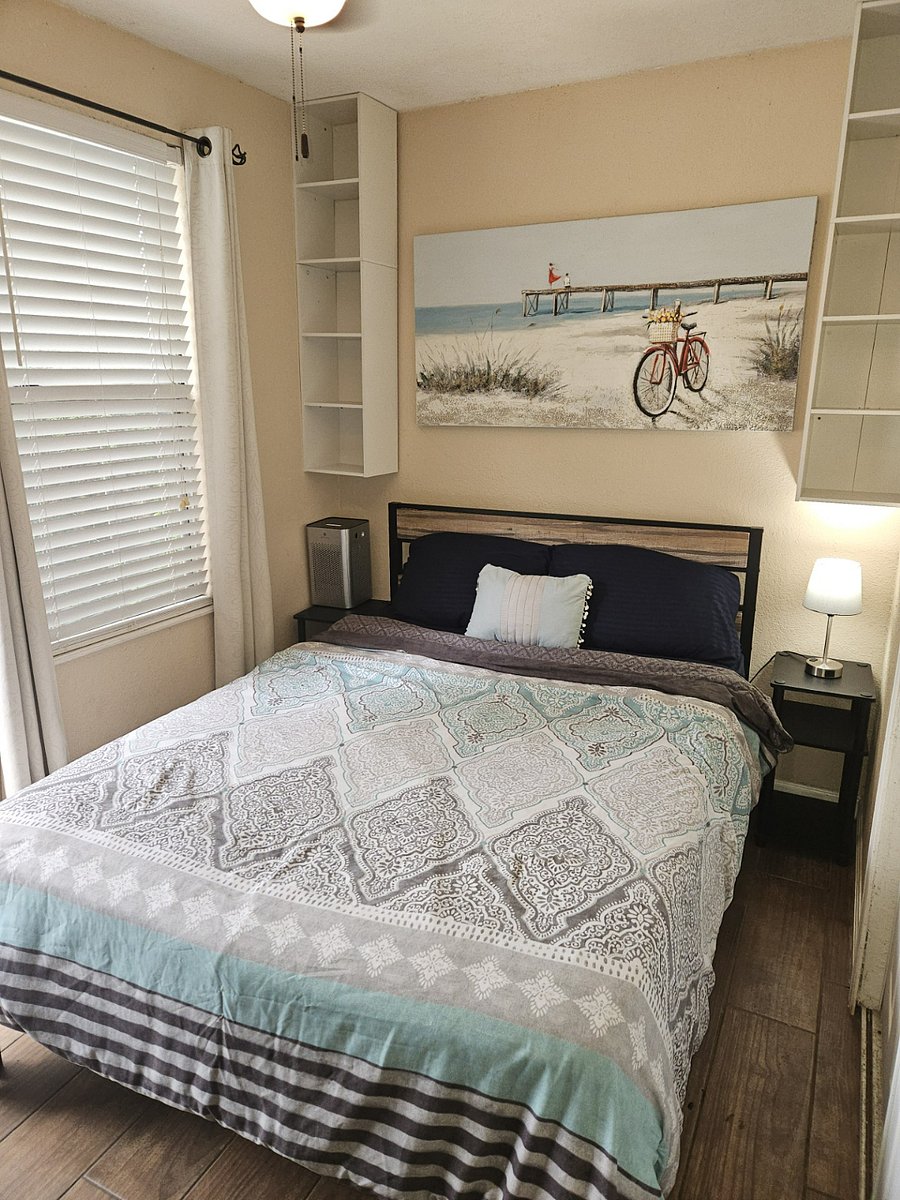 Full Size Bed with nightstands, air purifier & wall cubbies for storage
