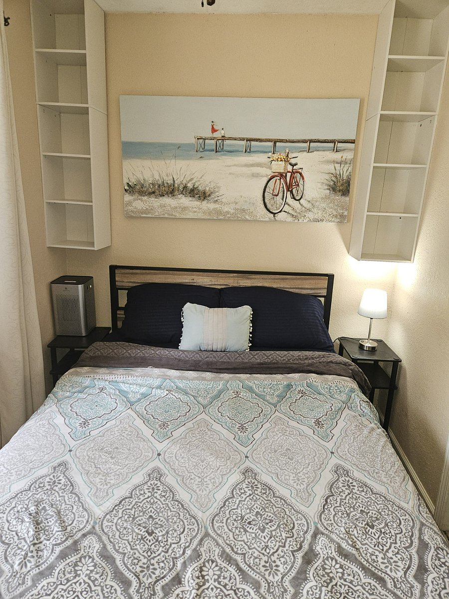 Full Size Bed with nightstands, air purifier & wall cubbies for storage