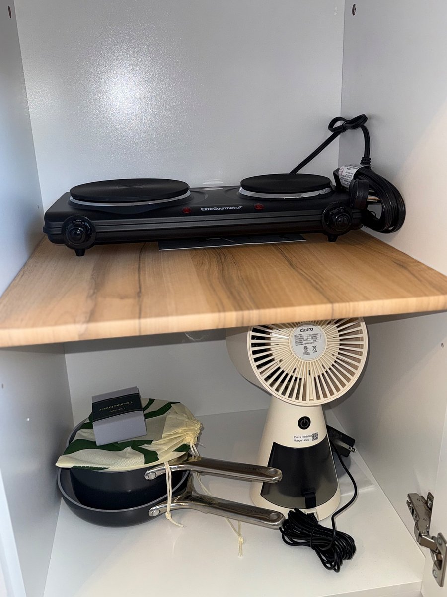 Portable two burner stove, Caraway pot/pan, portable range hood