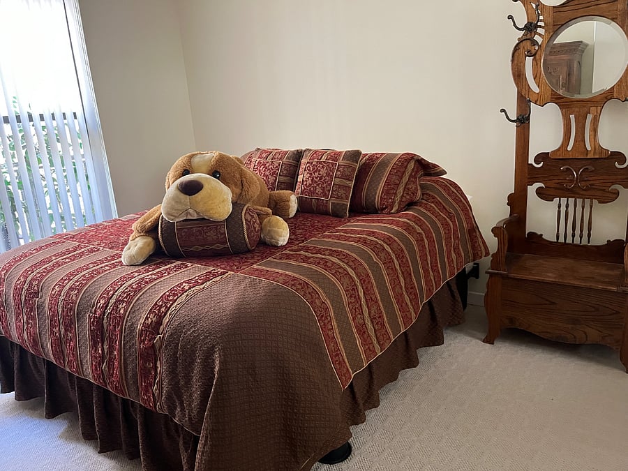 King-sized high quality bed (with rescue mascot Buddy), hardwood furnishings include antique seat area, full size armoire, ceiling fan, and love seat with reading lamp.