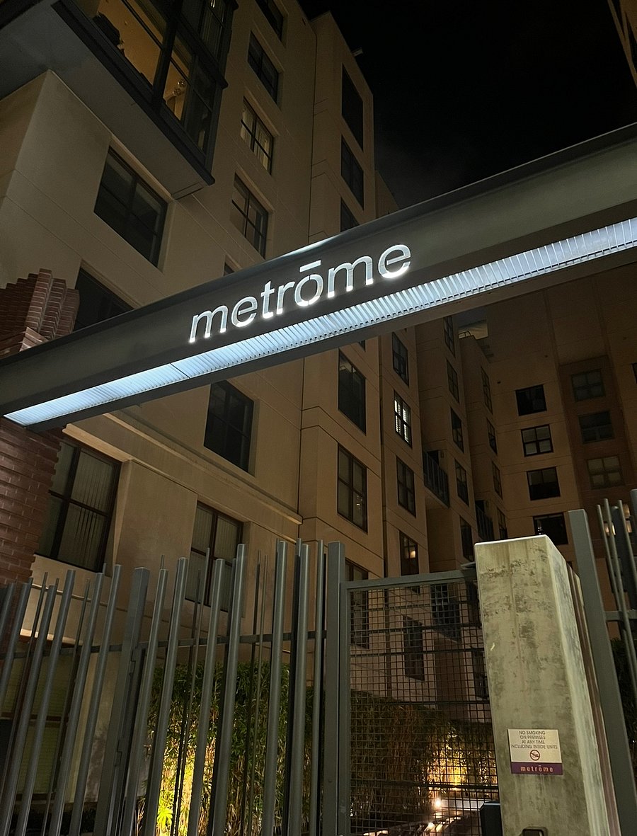Beautiful nighttime lighting to inner courtyard entrance.