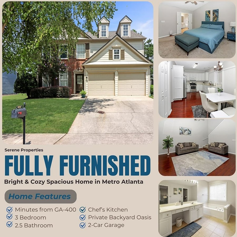 Elegant 3BR/2.5BA home showcasing a modern kitchen, serene bedrooms, refreshed bathrooms, and warm, inviting spaces.