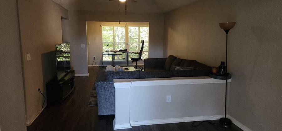 Overview of living room and office space