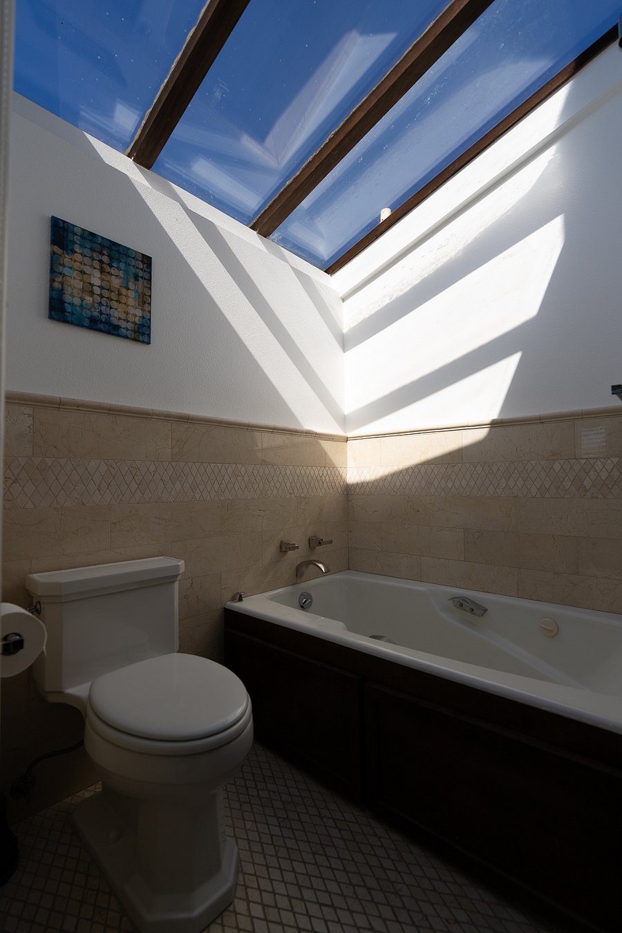 Primary suite bathroom.  The bathroom is bathed in sunlight from the skylight above