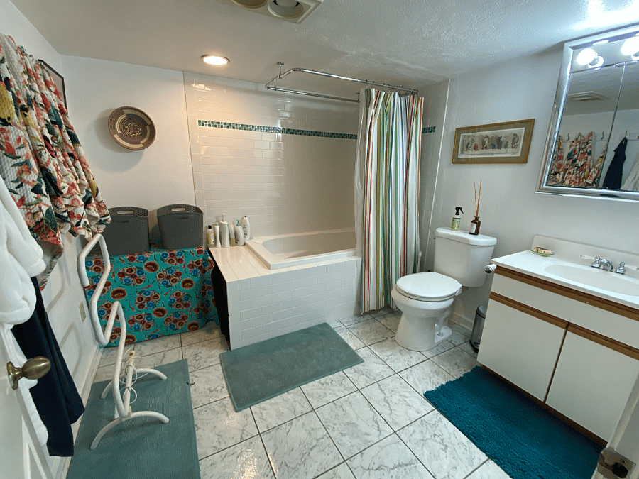Basement full bathroom, use for showering before hut tub