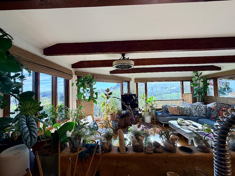 View from kitchen sink. Zoom in to look out windows.