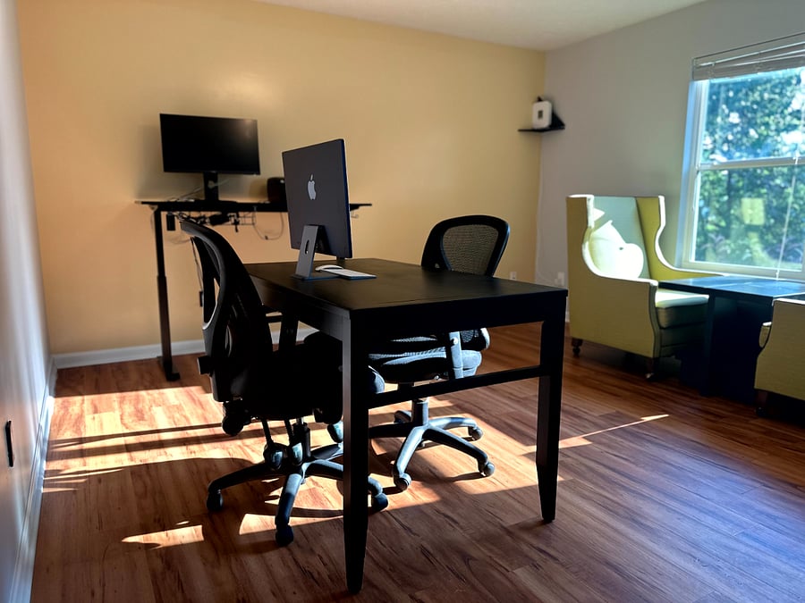 Stay productive in a dedicated workspace with a comfortable desk, ergonomic chairs and high speed wi fi.
