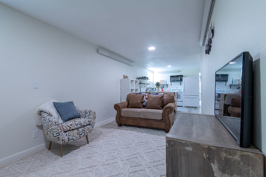 Open living area to kitchen.
