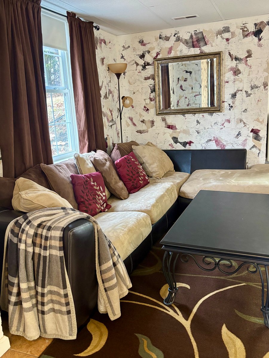 Living room with comfortable L-shaped coach and 55 inch smart TV