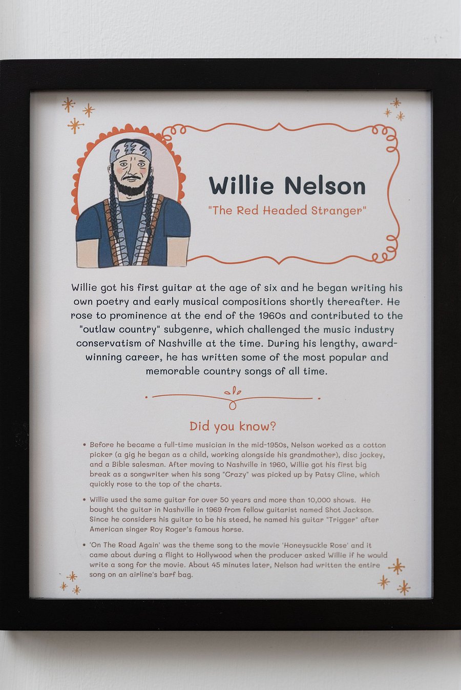 Each room contains a custom "info sheet" with history and interesting facts about these amazing artists
