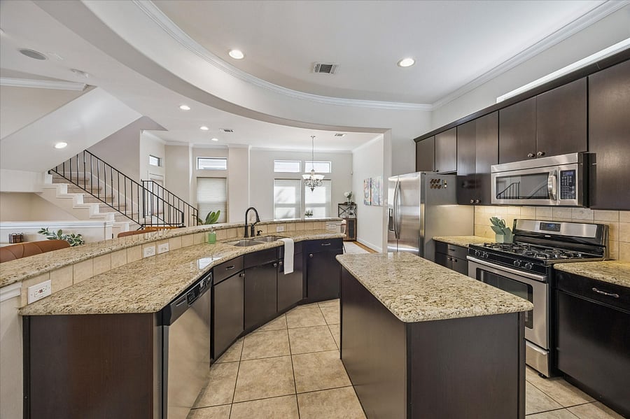 Efficient kitchen layout has great flow.
