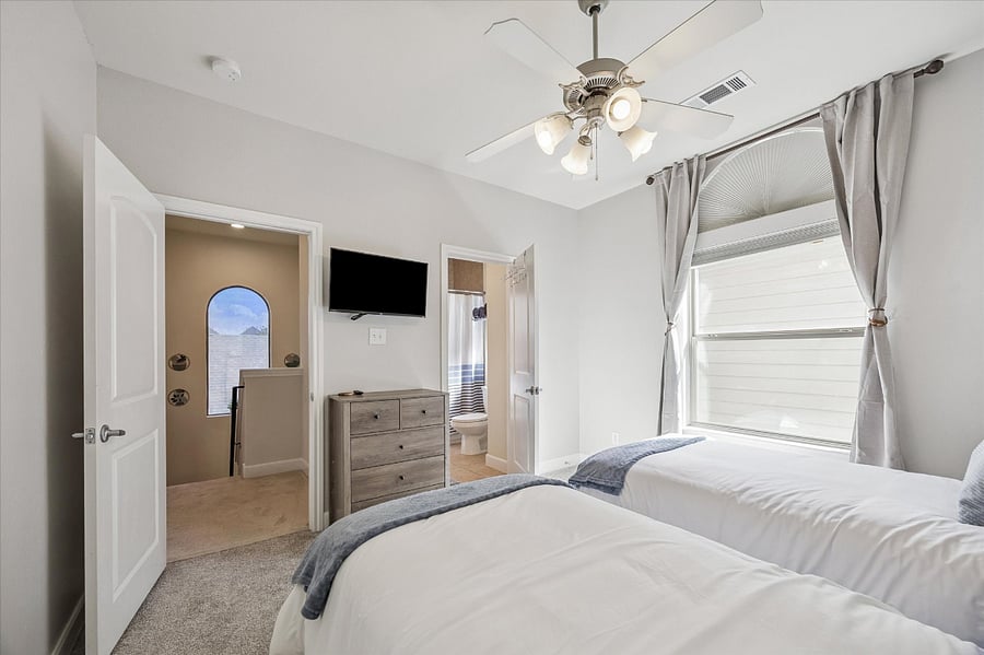 Equipped with room darkening shades, dresser, TV and full bathroom attached.