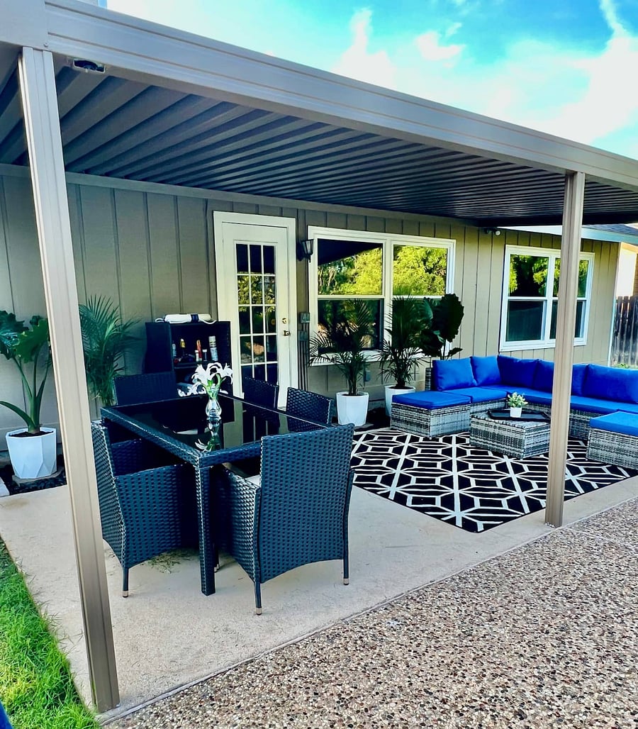 Outdoor space with seating, dining table/chairs, outdoor fan & bluetooth speaker