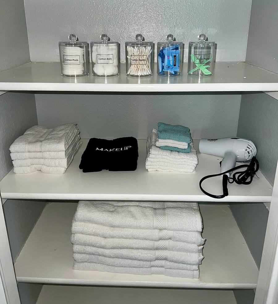 Towels, Wash Cloths, Makeup Towels, Hair Dryer, Cotton Balls/Swabs, Floss, Makeup Remover Wipes