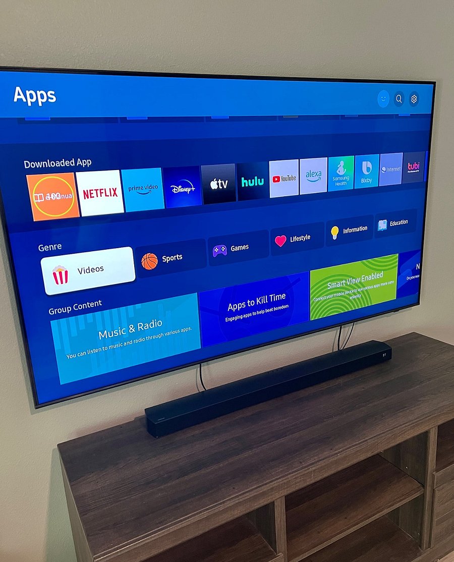 SMART TV- Samsung TV channels and movies. Streaming apps available for personal log in.