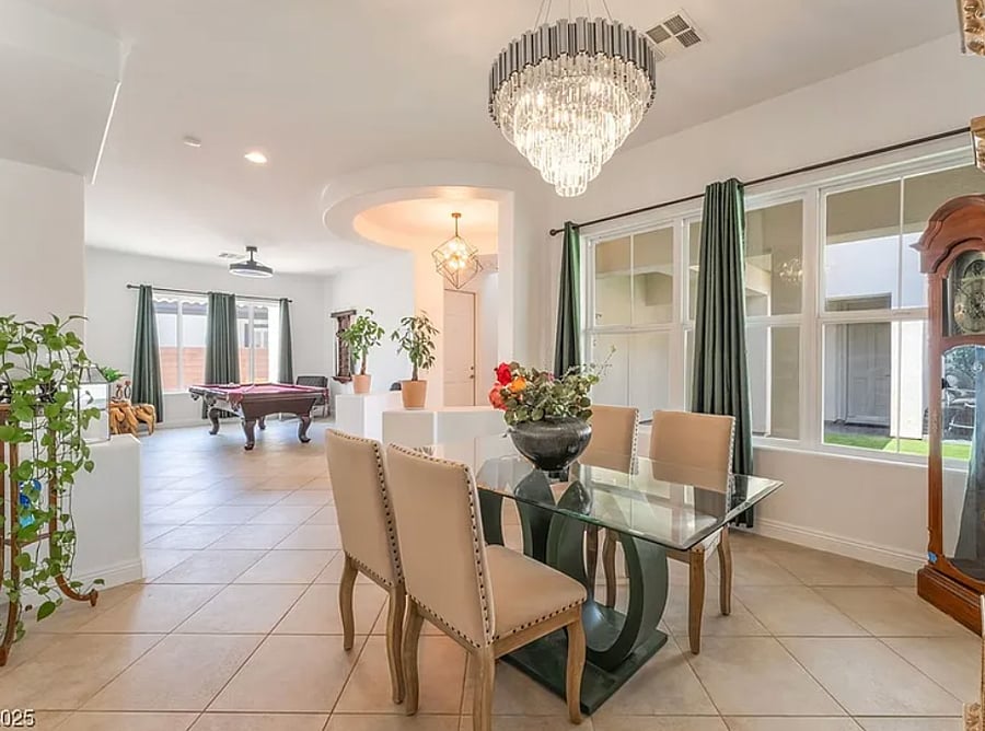 Dining room with view of courtyard. 