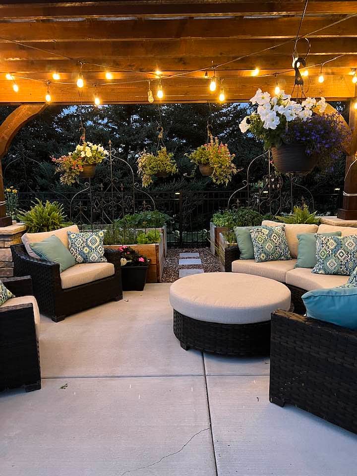 Outdoor seating under pergola, seasonal