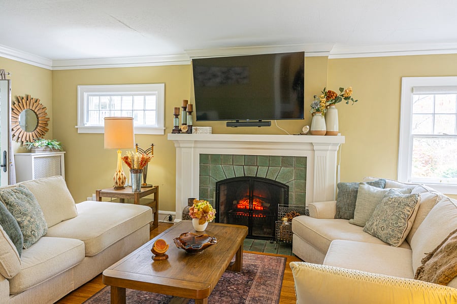 Living room with electric fireplace...