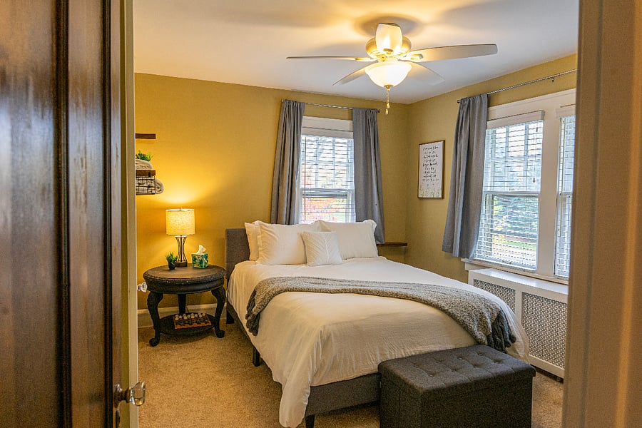 Bedroom #3, platform queen size bed with blackout drapes