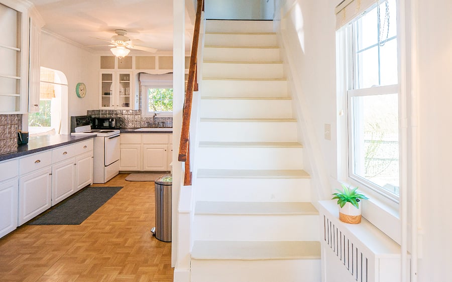 Steep ship stairs to second level bedrooms